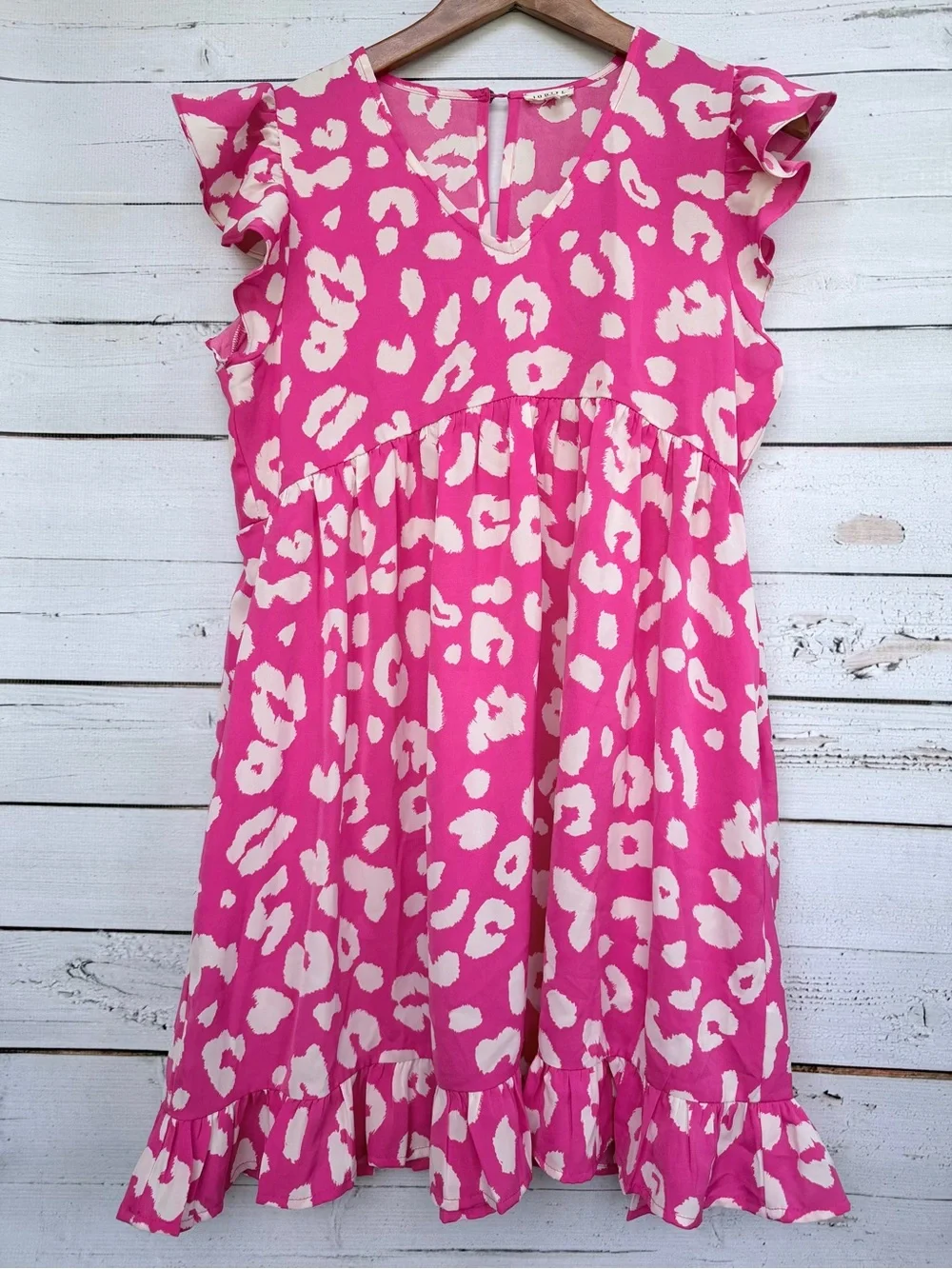 Jodifl Pink & White Leopard Print Ruffle Sleeve Babydoll Mini Dress - Small
